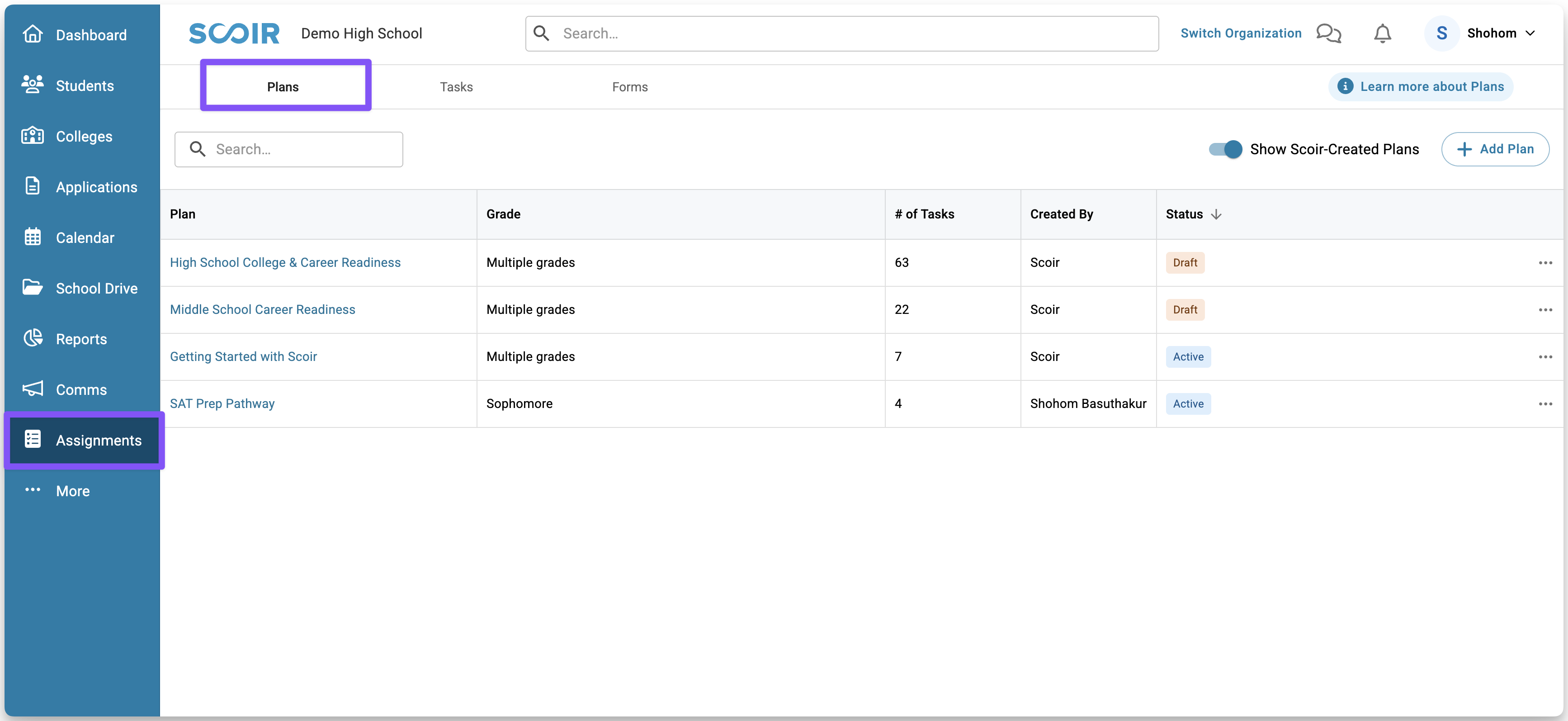 The Plans management interface in Scoir
